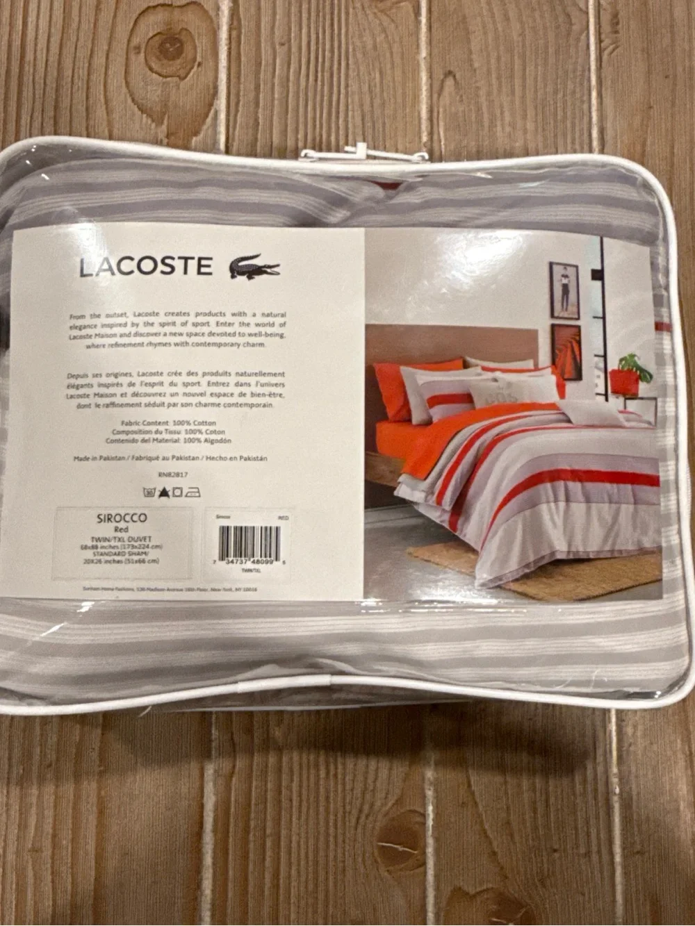 Lacoste Sirocco Twin XL Duvet Set Red Stripe Archival Collection Open Box